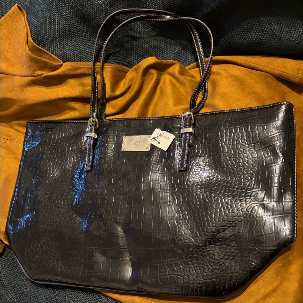 Nine West Glossy Black Croc Tote